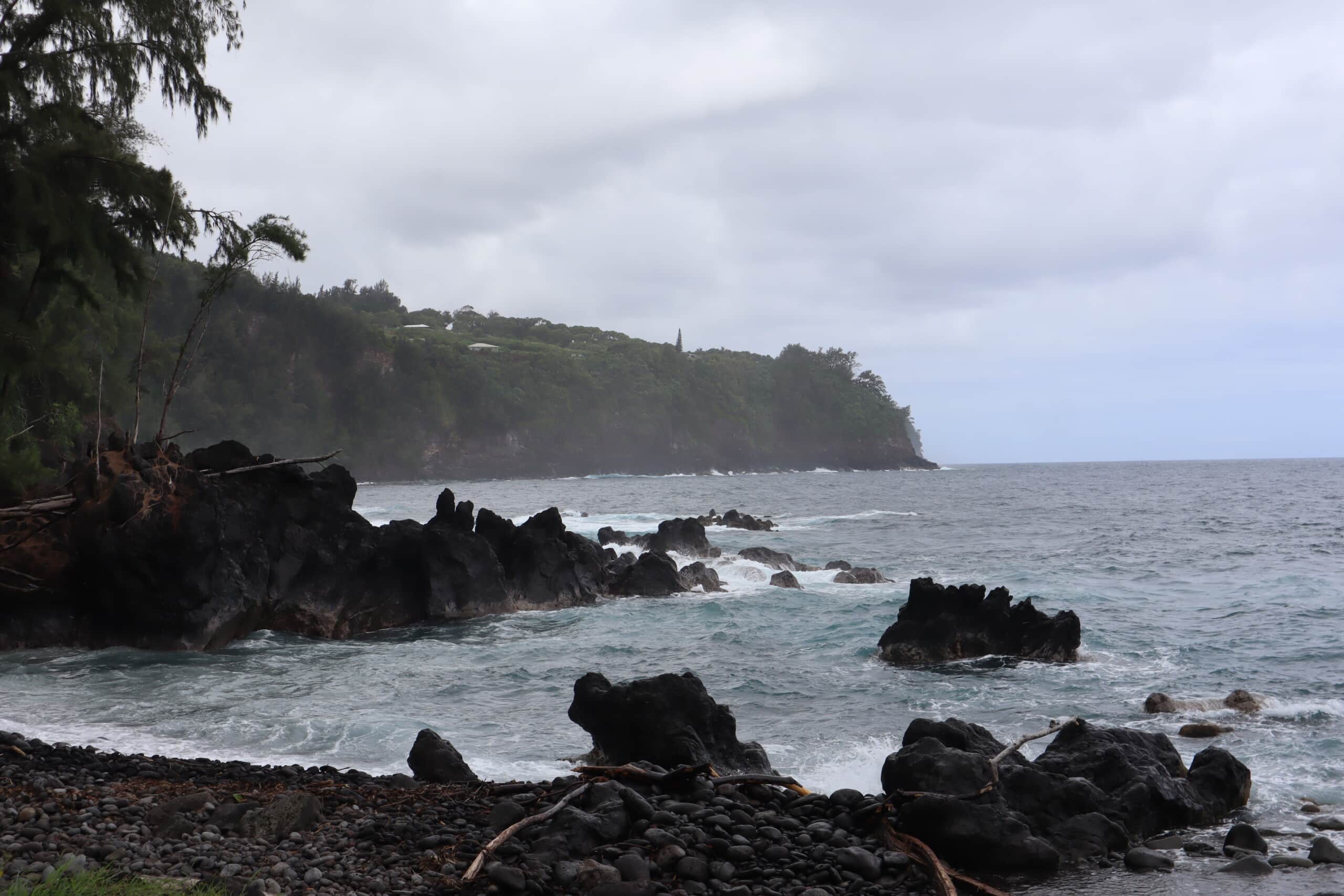 Waves washing onto a dark rocky beach beneath green coastal cliffs