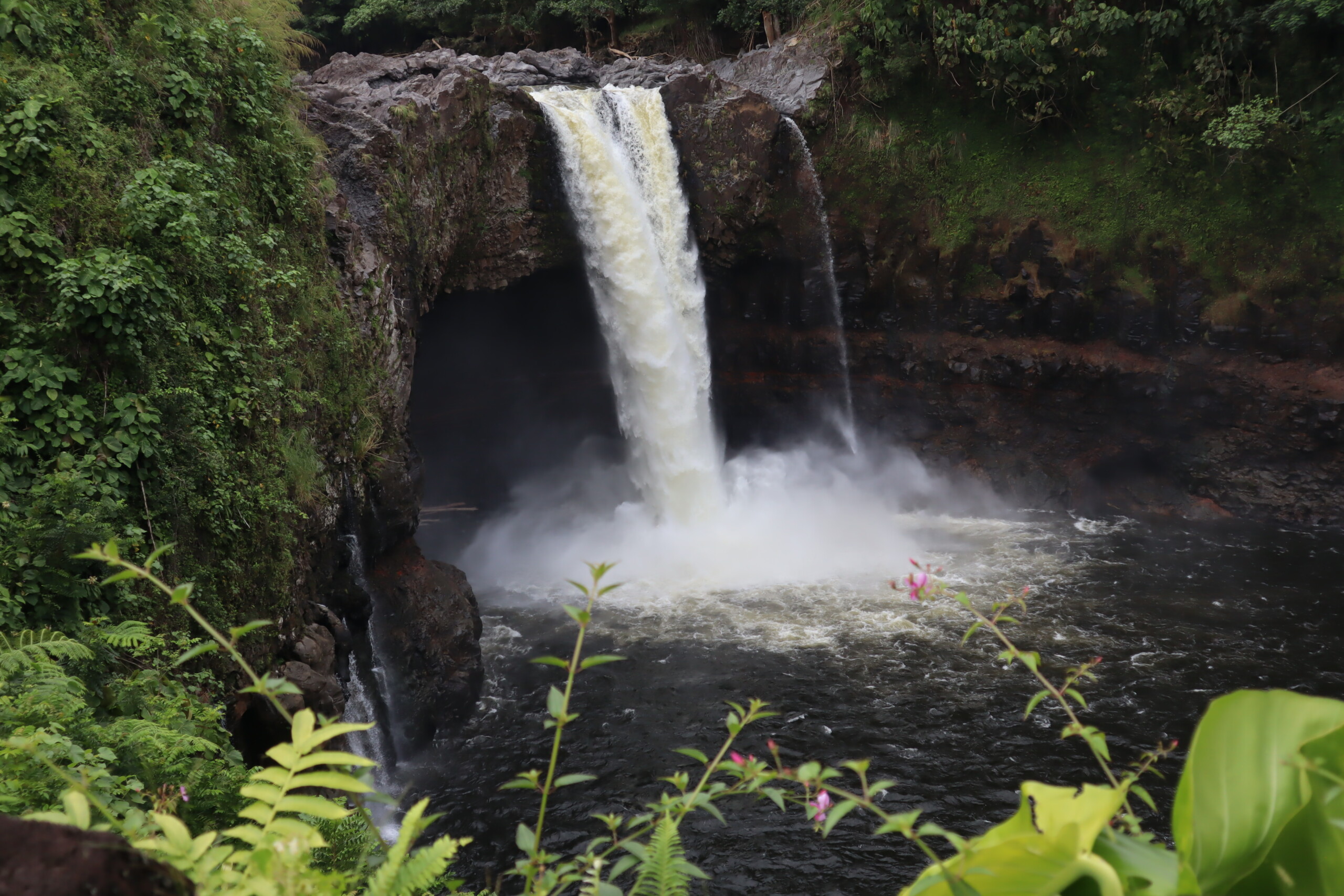 Rainbow Falls dropping into a pool below a rocky overhang near Hilo
